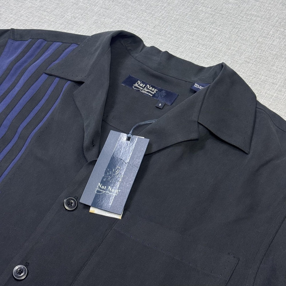 Nat Nast Button-Up Shirt Mens Small Black Short Sleeve Silk Striped Panel